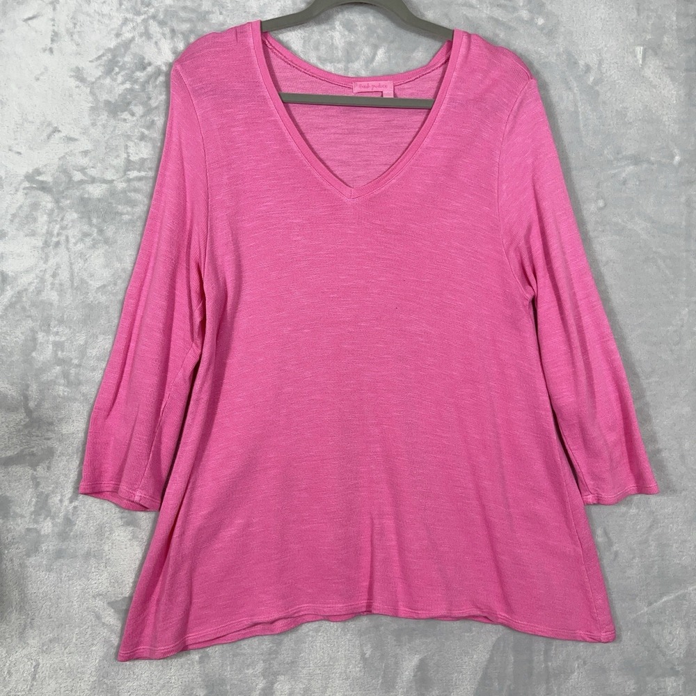 Fresh Produce Pink‎ Tunic Top L V-Neck 3/4 Sleeve Cotton Beach Resort USA Made